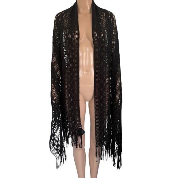 Mesh Crochet Fringe Shawl Open Knit Duster Blck Western Grunge Boho Y2K Festival - Picture 2 of 5